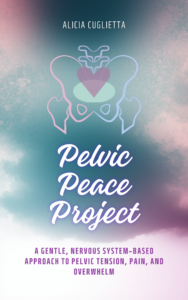 Pelvic Peace Project Pelvic Health Book Book cover mockup for Pelvic Peace Project featuring a soft sky background with a subtle pelvic illustration and calming tones.