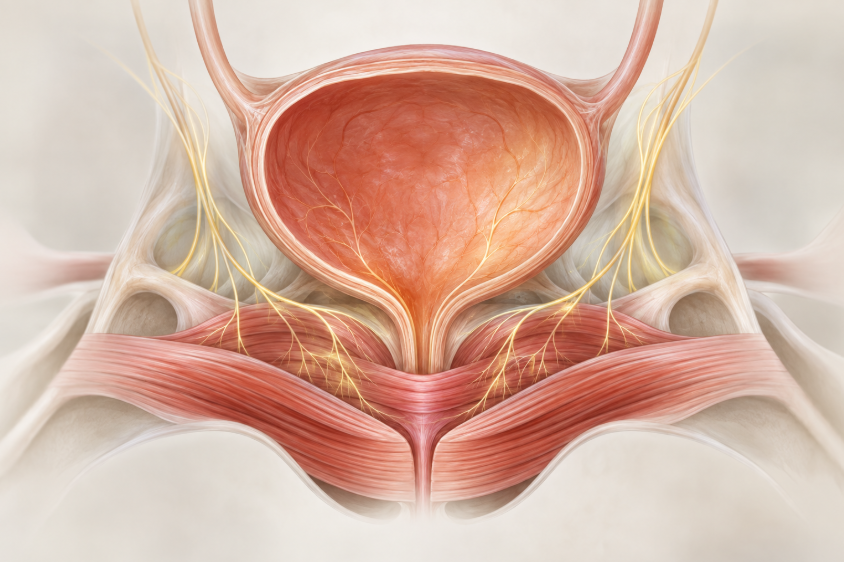 Medical illustration of the urinary bladder above the pelvic floor muscles, with branching nerves highlighting the neural connections between the bladder, pelvic floor, and nervous system.
